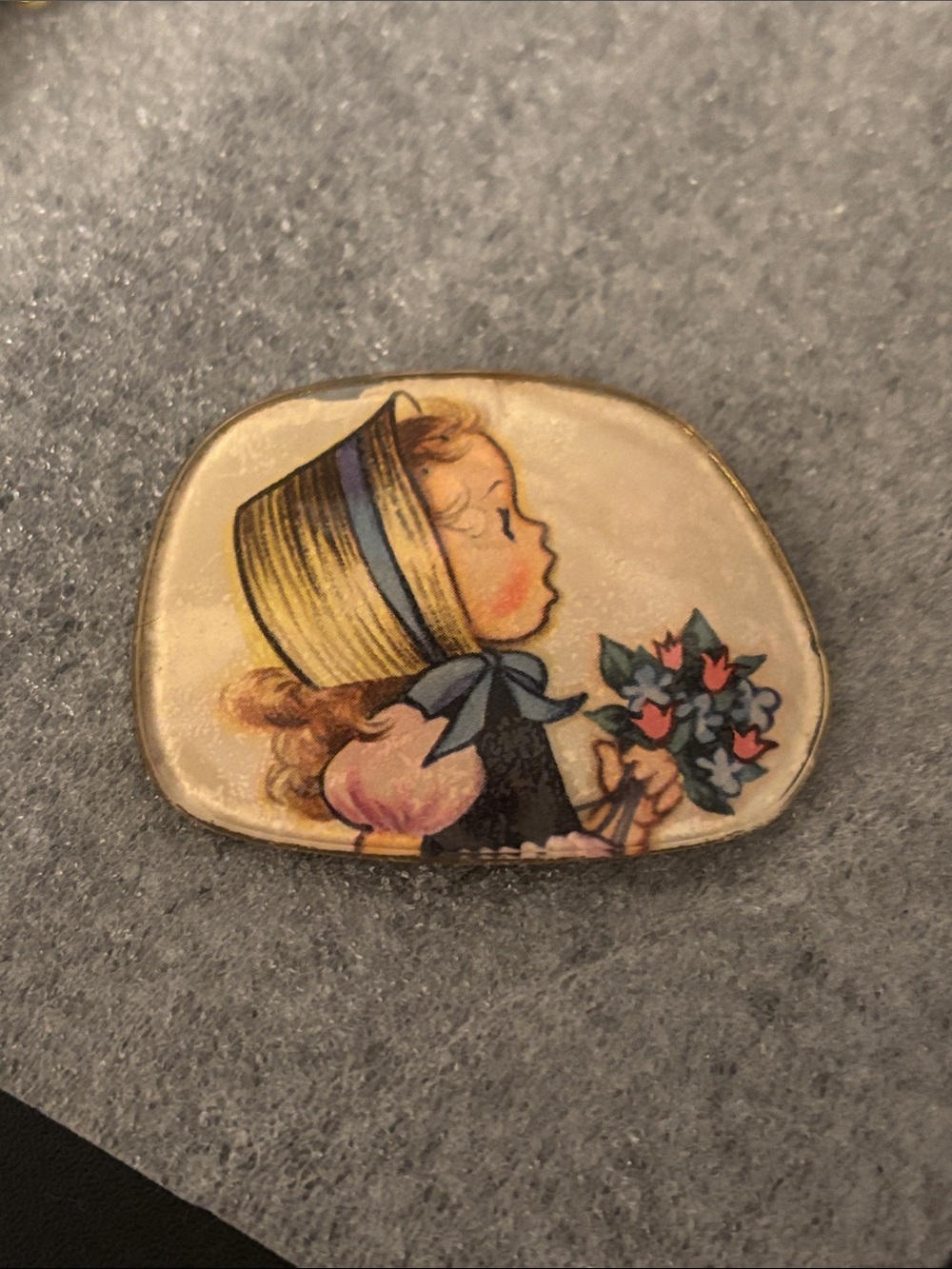Vintage Girl Brooch Pin with Bouquet